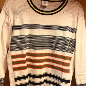 CAbi White Sweater with Navy and Orange Stripes